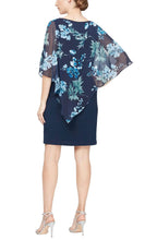 Load image into Gallery viewer, SLNY Short Navy Multi Sleeveless Dress with Floral Print Attached Cape
