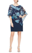 Load image into Gallery viewer, SLNY Short Navy Multi Sleeveless Dress with Floral Print Attached Cape
