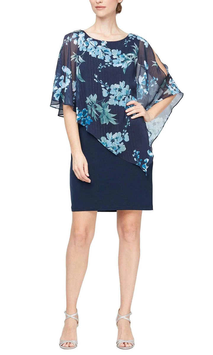SLNY Short Navy Multi Sleeveless Dress with Floral Print Attached Cape
