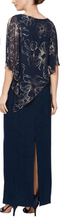 Load image into Gallery viewer, SLNY Navy Sleeveless Gown with Navy &amp; Rose Gold Attached Cape
