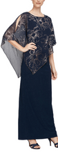 Load image into Gallery viewer, SLNY Navy Sleeveless Gown with Navy &amp; Rose Gold Attached Cape
