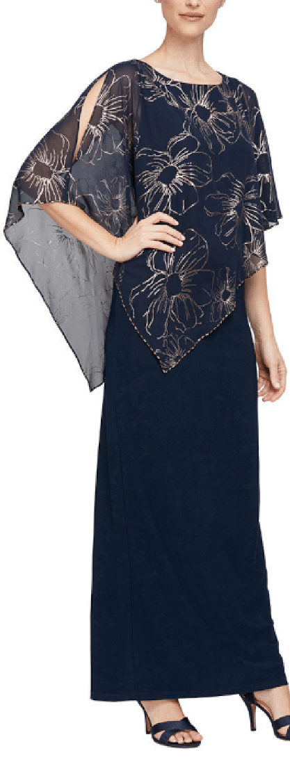SLNY Navy Sleeveless Gown with Navy & Rose Gold Attached Cape