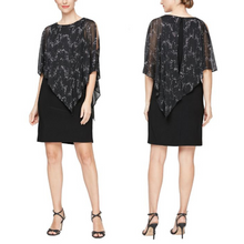 Load image into Gallery viewer, SLNY Short Black Dress with Black &amp; Silver Angled Cape
