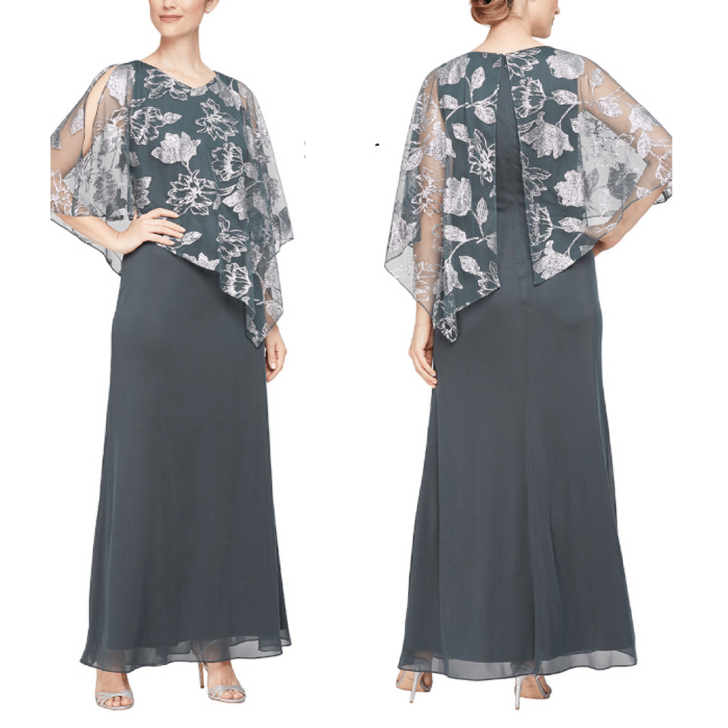 SLNY Smoke Gown with Cape & Floral Silver Sparkle Print
