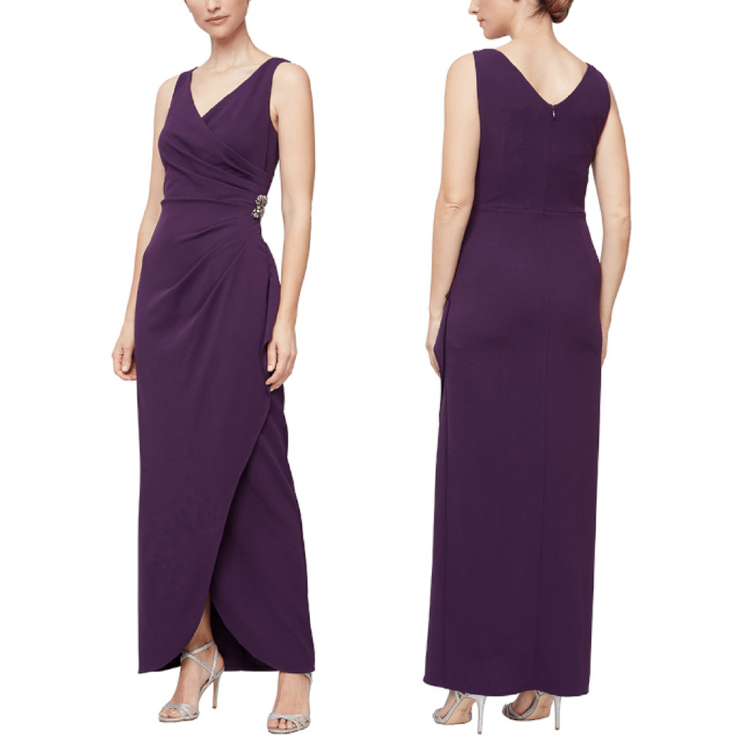 SLNY Sleeveless Summer Plum Gown with Ruched Wrap Style Front