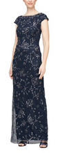 Load image into Gallery viewer, Alex Evenings Round Neck V-Back Cap Sleeve Navy Print Gown
