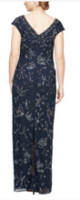 Load image into Gallery viewer, Alex Evenings Round Neck V-Back Cap Sleeve Navy Print Gown
