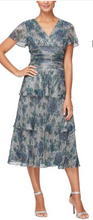 Load image into Gallery viewer, SLNY Blue Multi Print Cap Sleeve Layered Mid Length Ruched Bodice Dress
