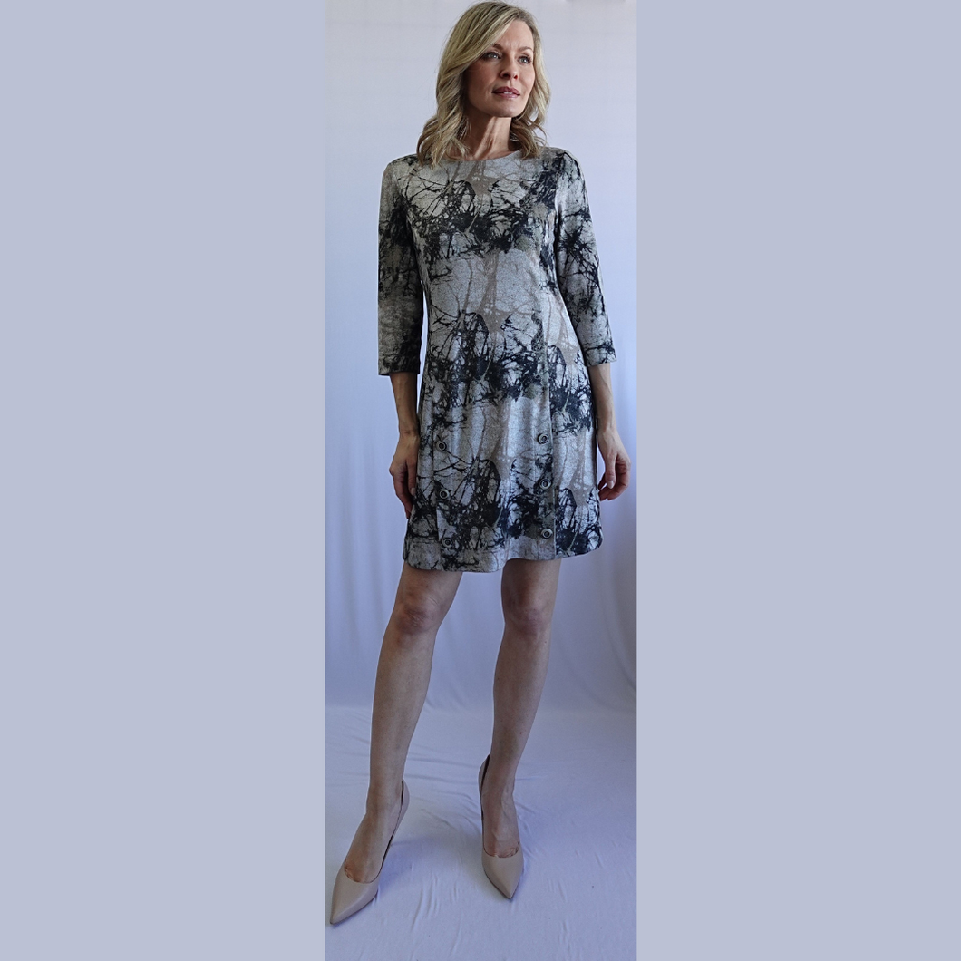 Soft Works Taupe, Black, Grey 3/4 Sleeve Print Dress with Button Detail