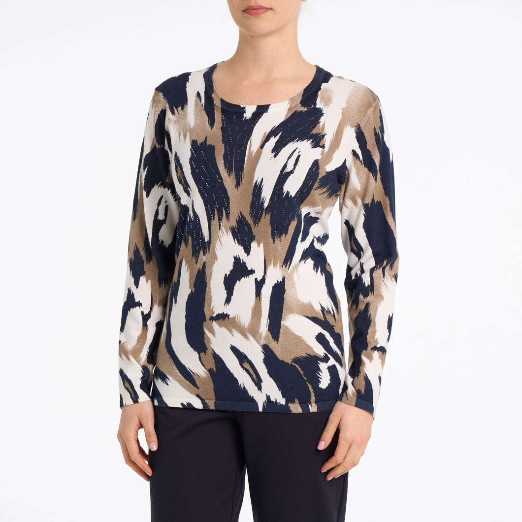 Moffi Navy and Beige Abstract Long Sleeve Sweater