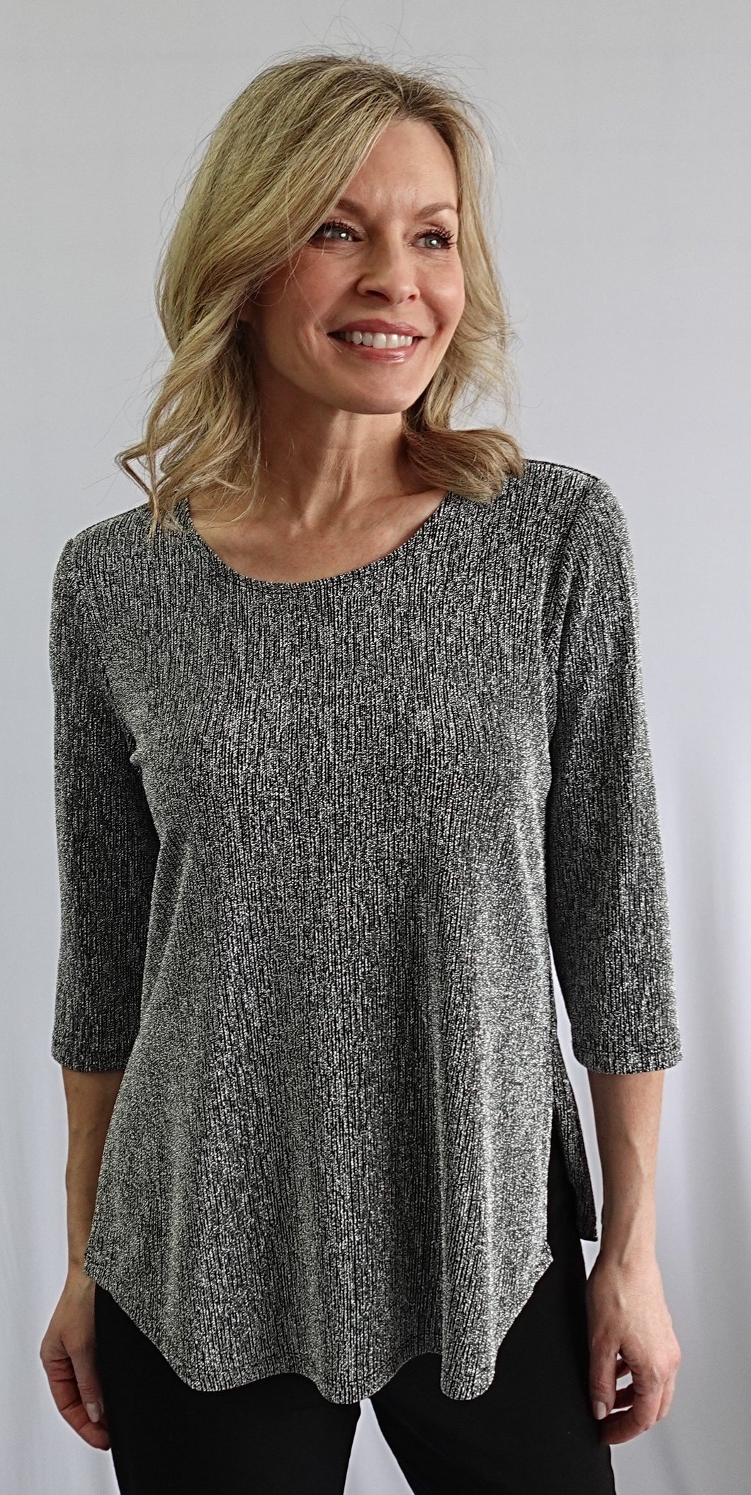 Soft Works Silver Sparkle Round Neck 3/4 Sleeve Top