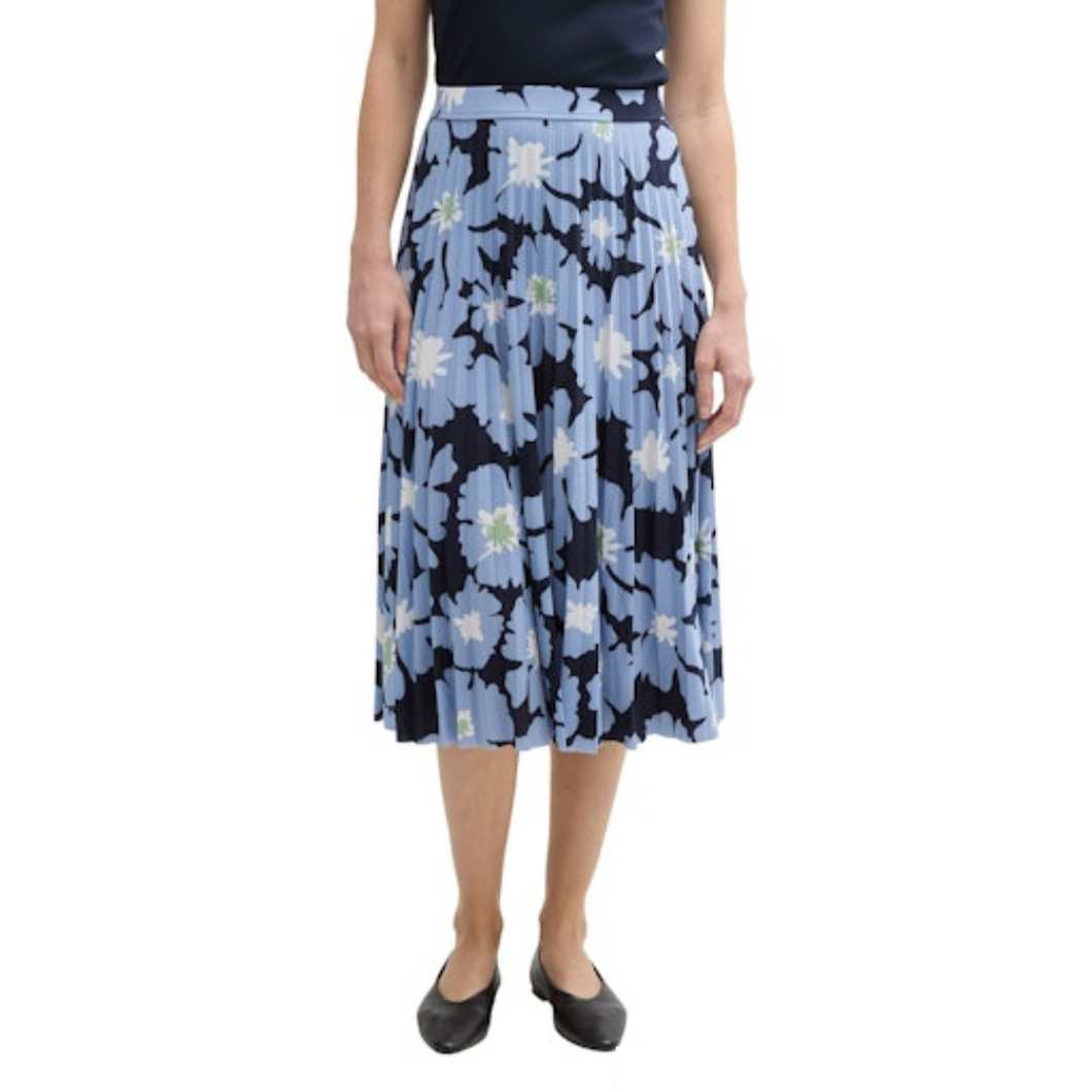 Tom Tailor Midi Pleated Print Skirt In Navy Paper Cut Design