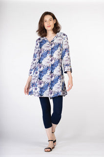 Variations Blue Multi Floral Print Button Front Tunic Blouse