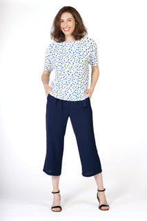 Variations White & Blue Print Short Sleeve Round Neck Top