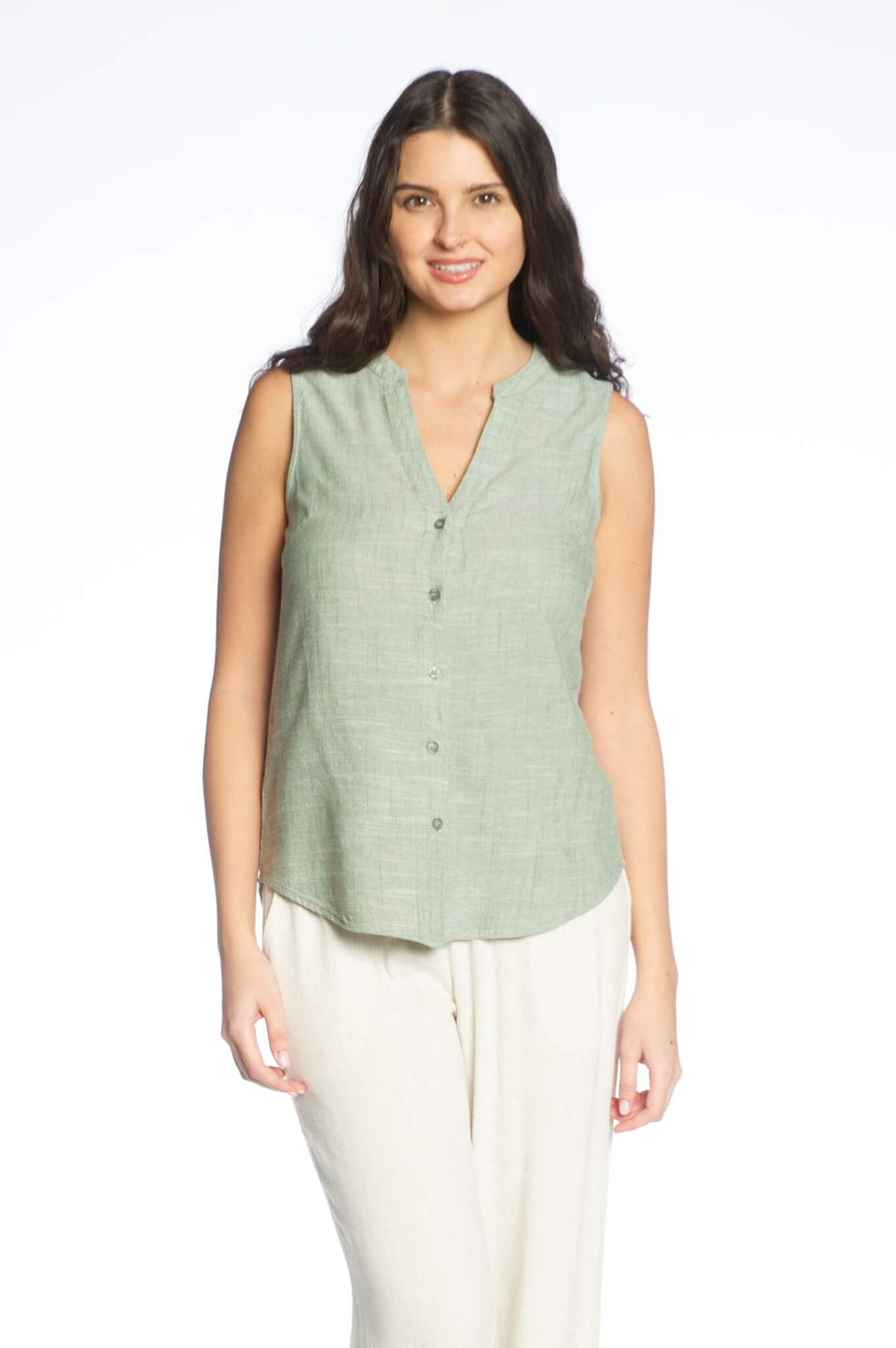 DKR & Co V-Neck Button Front Blouse in Geranium & Olive Melange