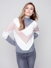 Load image into Gallery viewer, Charlie B Powder Mock Neck Sweater with Chevron Stripe Colour Blocking Design
