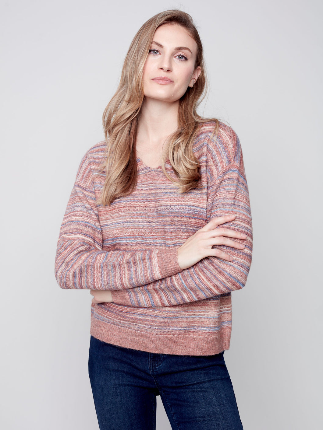Charlie B Cinnamon Flex Space-Dye Yarn Sweater With V-Neck & Drop Shoulders