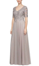 Load image into Gallery viewer, Alex Evenings - Taupe Beaded V Neck Chiffon Gown
