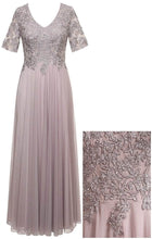 Load image into Gallery viewer, Alex Evenings - Taupe Beaded V Neck Chiffon Gown
