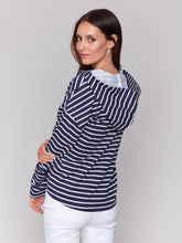 Load image into Gallery viewer, Charlie B Navy &amp; White Stripe V-Neck Long Sleeve Hoodie with Hi Low Hem
