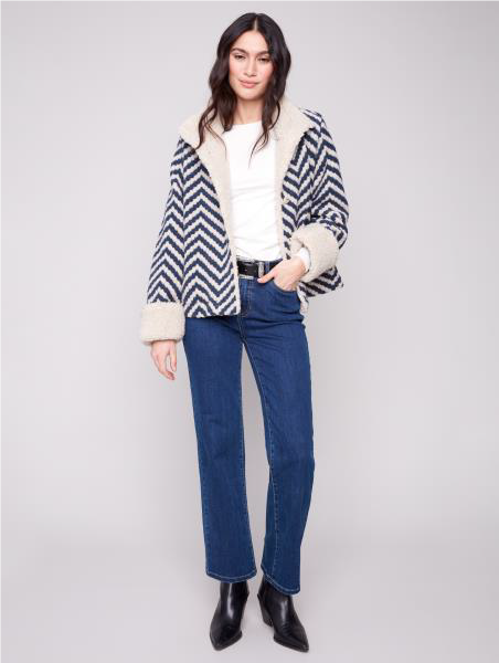 Charlie B Chevron Boucle Short Jacket with Sherpa Trim