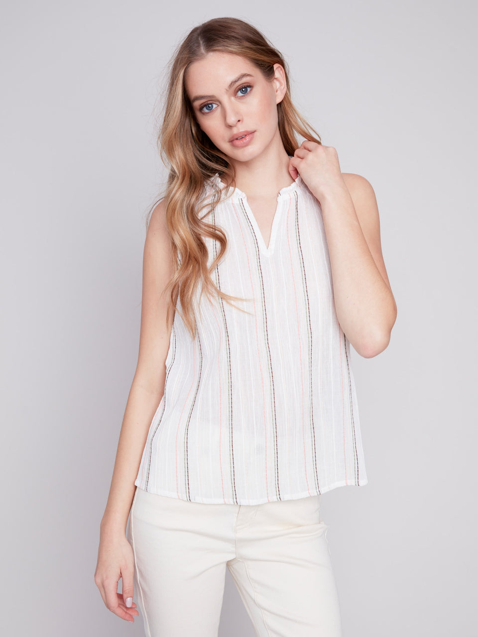 Charlie B Printed Tank Top With Ruffle V-Neck in Stripes or Petals