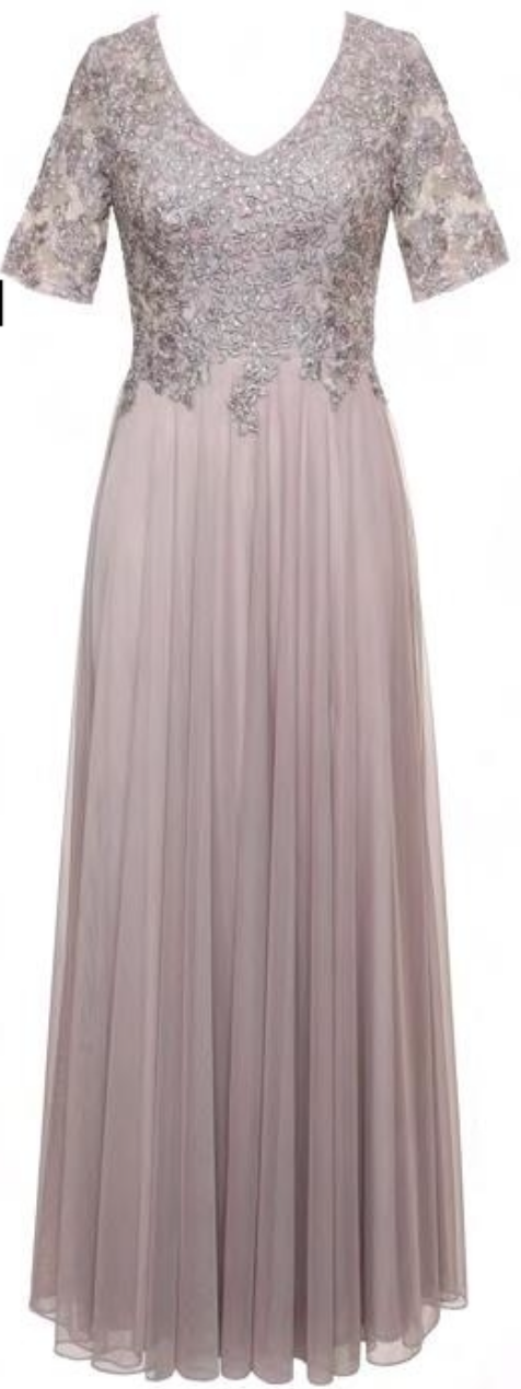 Alex Evenings - Taupe Beaded V Neck Chiffon Gown