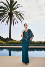 Load image into Gallery viewer, Frank Lyman Teal Gown with Embroidered Asymmetrical Cape
