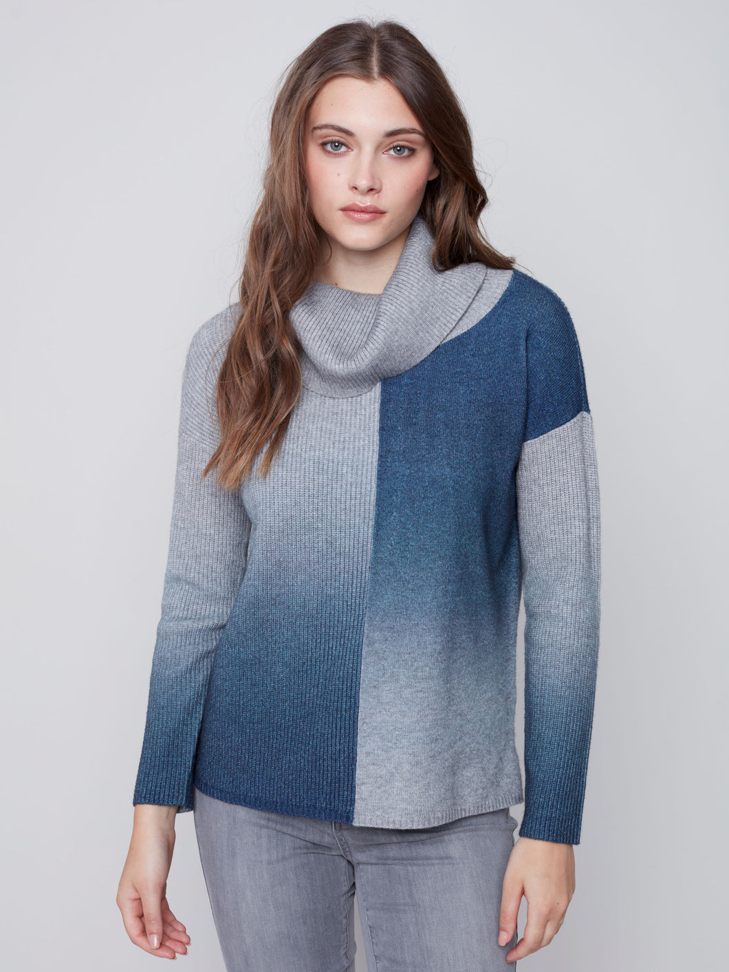 Charlie B Denim Cowl Neck Up-And-Down Ombré Printed Sweater