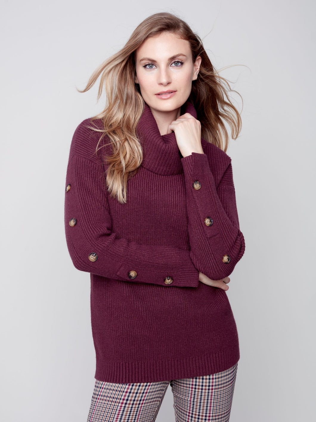 Charlie B Turtleneck Pullover Sweater with Sleeve Buttons in Ecru (Cream) or Port