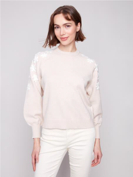 Charlie B Crew Neck Sweater with Embroidery Details
