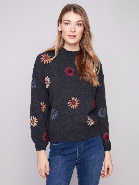 Charlie B Mock Neck Sweater with Embroidery