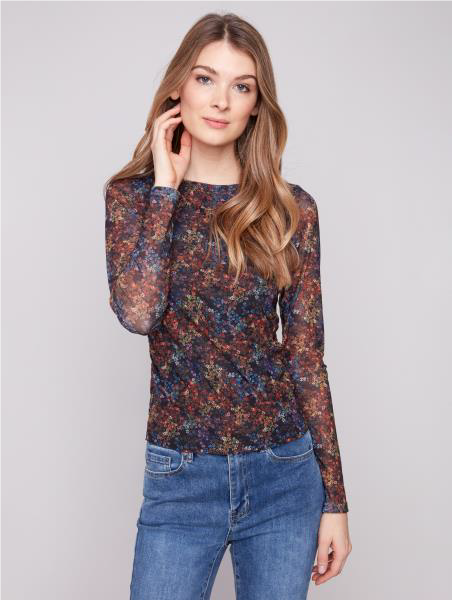 Charlie B Printed Mesh Top with Gatherings at Sides
