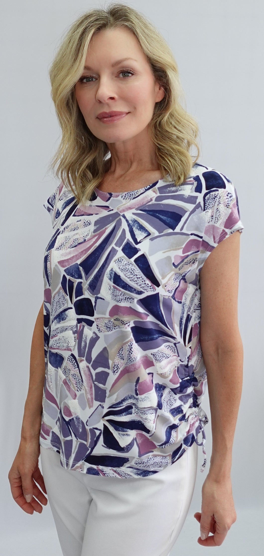 Soft Works Lilac Multi  Round Neck Sleeveless Top with Side Cinch Tie