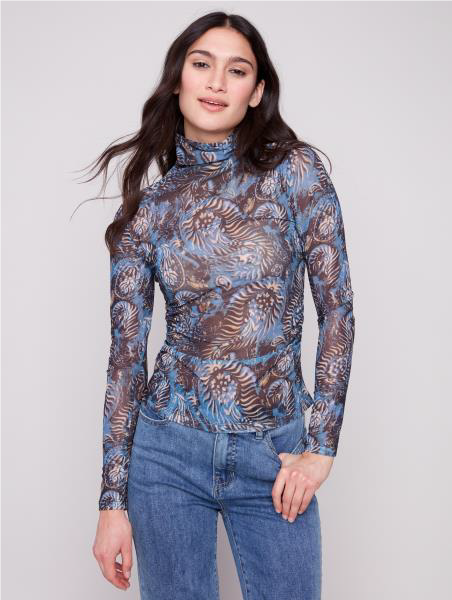 Charlie B Mock Neck Top with Gatherings at Sides
