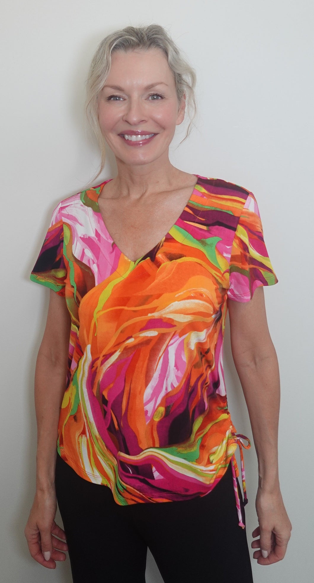 Soft Works Orange/Fuchsia Multi V-Neck Short Sleeve Print Top with Side Cinch Tie