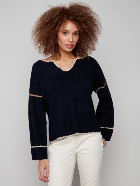 Charlie B Notched Neck Rib Embroidered Sweater