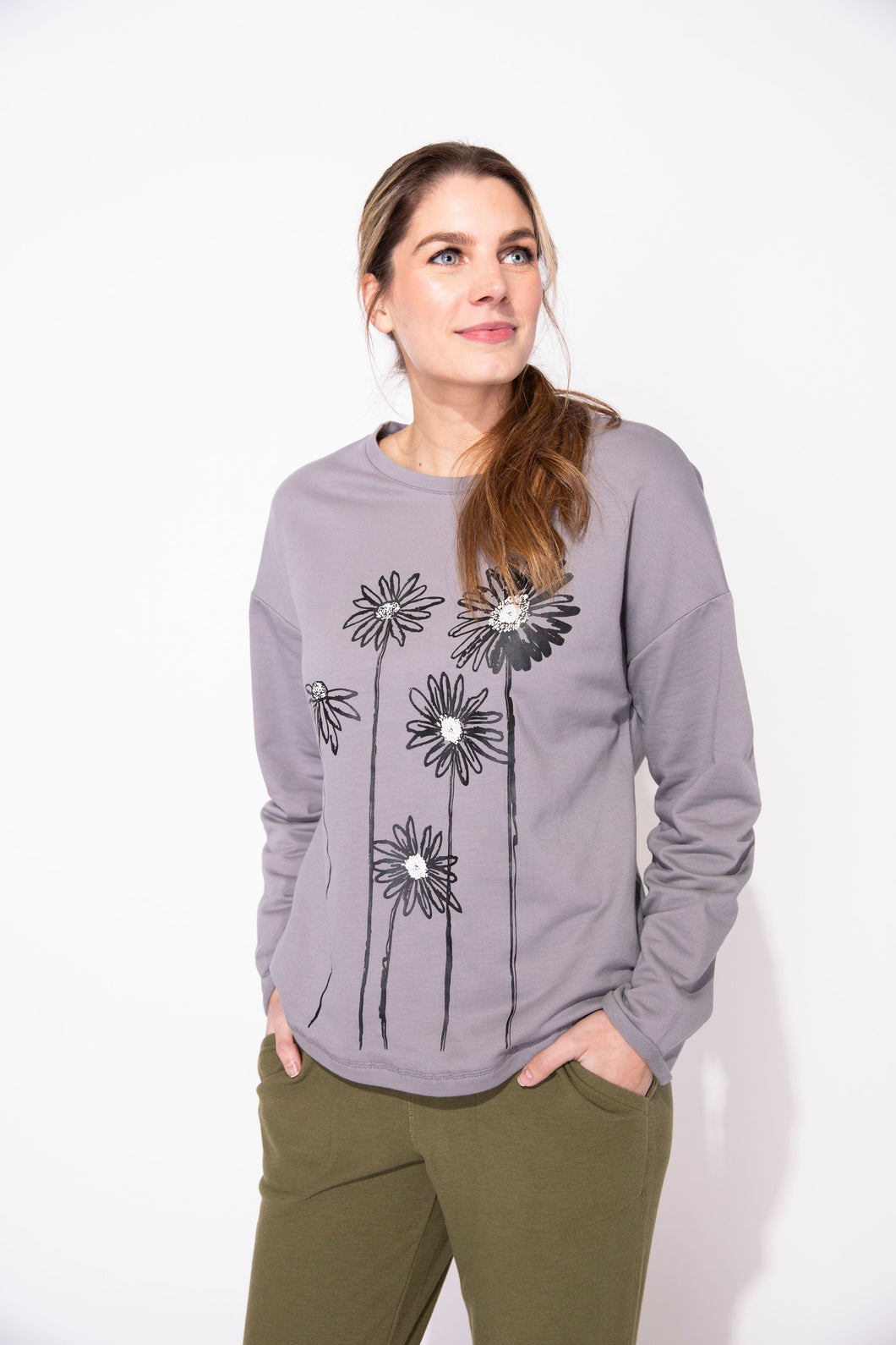 Escape By Habitat Fog Daisy Stems Crew Neck Pullover