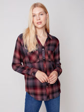 Load image into Gallery viewer, Charlie B Port Soft Plaid Button Down Shirt with Front Pockets in Port or Black
