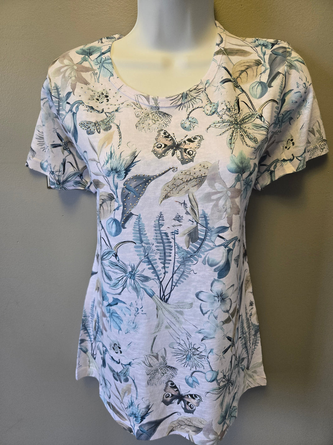 Moffi White Multi Butterfly Print Short Sleeve Tee with Sparkles