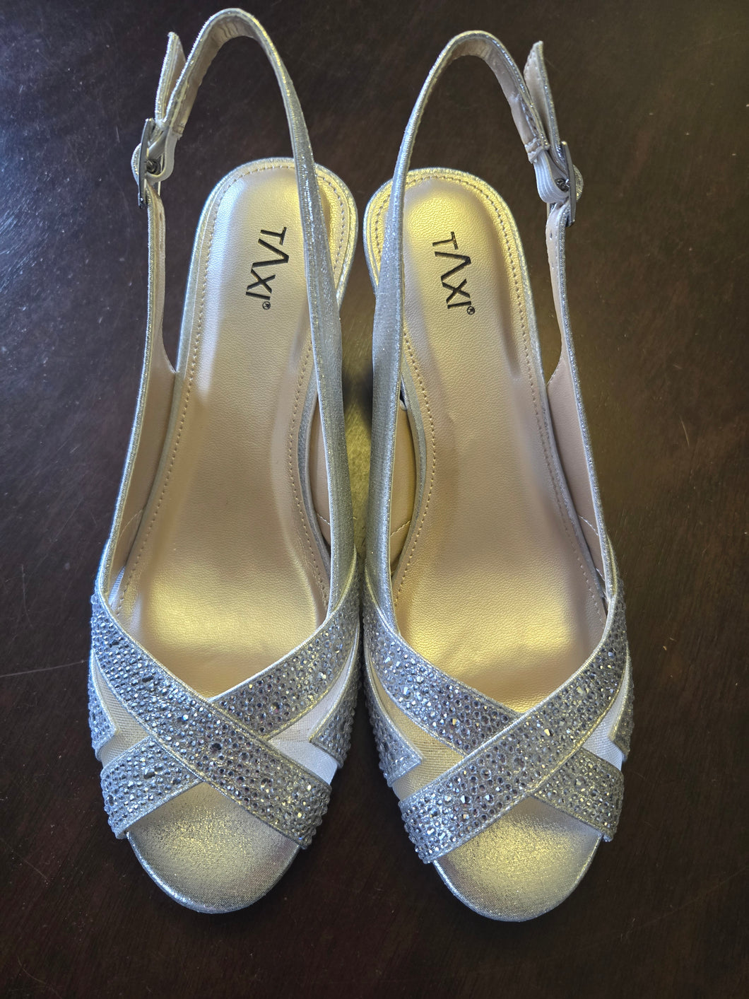 Taxi Isabelle Silver Sparkle Wedge Shoe with Open Toe