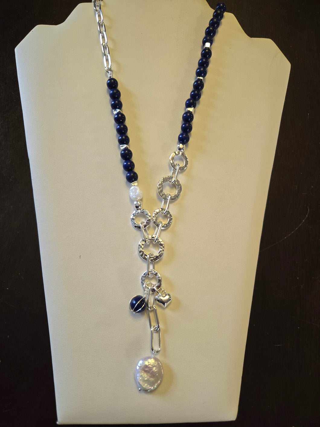 Merx Fashion Shiny Silver Chain Necklace with Lapis Lazuli Beads & Heart, Lapis Lazuli & Pearl Like Pendants