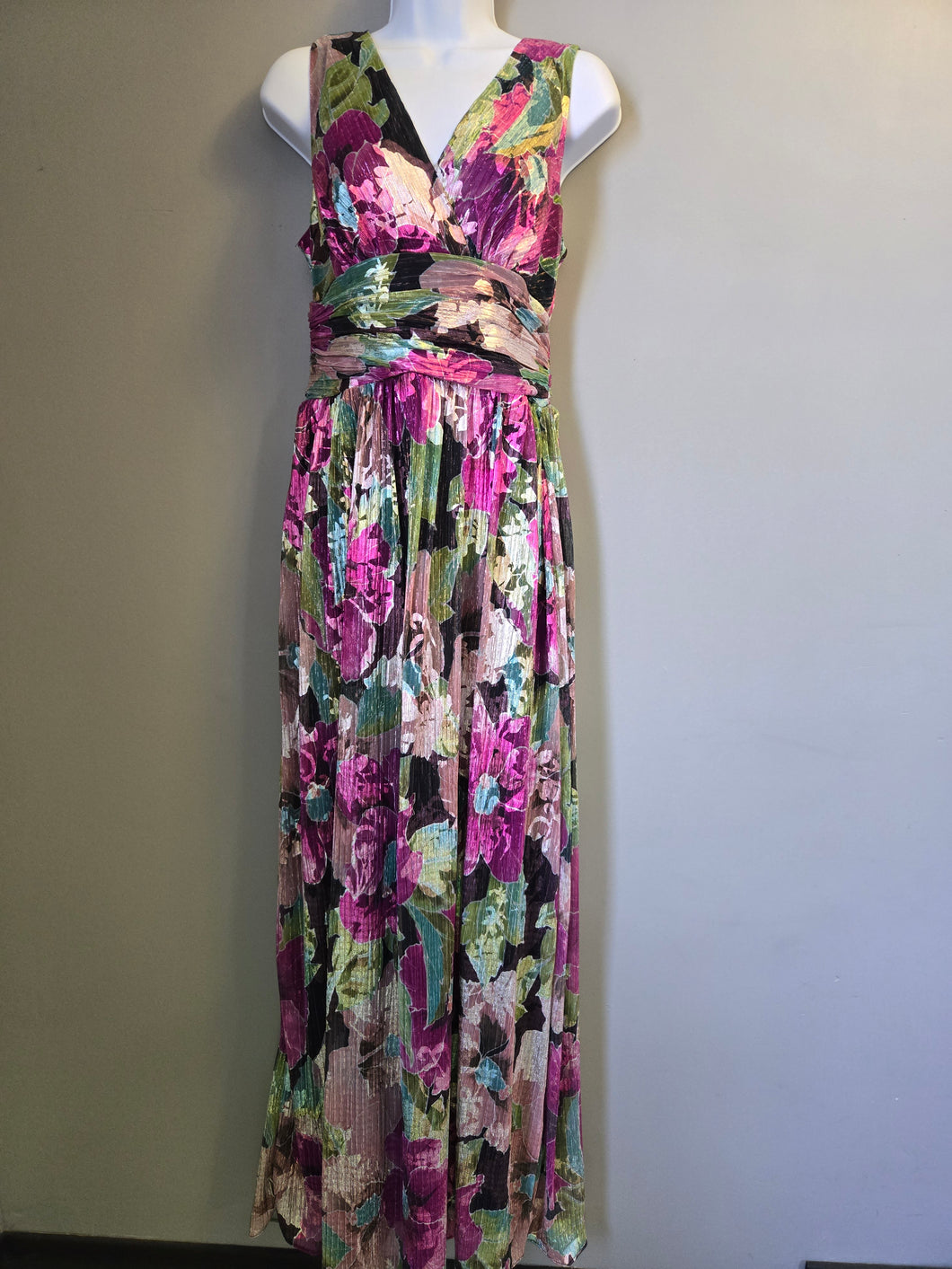 SLNY Pink Multi Metallic Floral Print V-Neck Pleated Gown