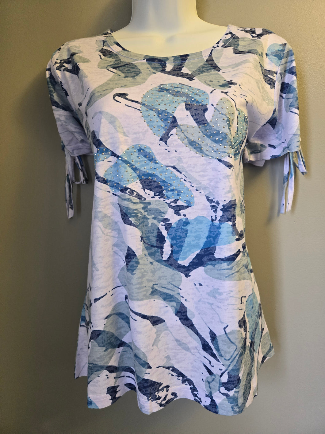Moffi Blue Multi Print Short Sleeve Top with Silver Embellishments