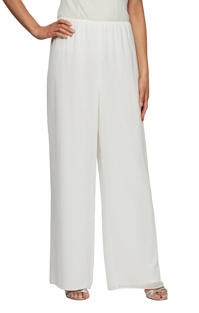 Alex Evenings Ivory Basic Straight Leg Pull On Silky Pant with Chiffon Overlay
