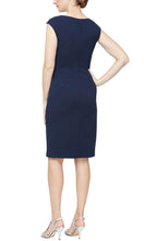 Load image into Gallery viewer, SLNY Sleeveless V-Neck Side Flounce Sheath Dress in Imperial or Navy
