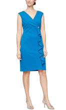 Load image into Gallery viewer, SLNY Sleeveless V-Neck Side Flounce Sheath Dress in Imperial or Navy
