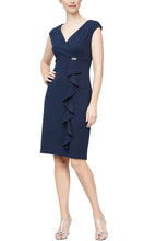 Load image into Gallery viewer, SLNY Sleeveless V-Neck Side Flounce Sheath Dress in Imperial or Navy
