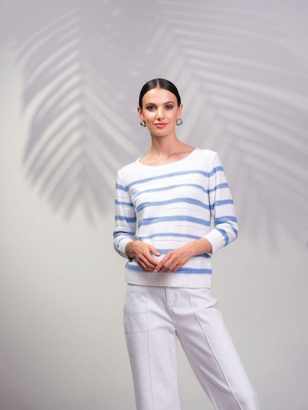 Alison Sheri White with Blue Striped Round Neck Pullover Cotton Blend Sweater