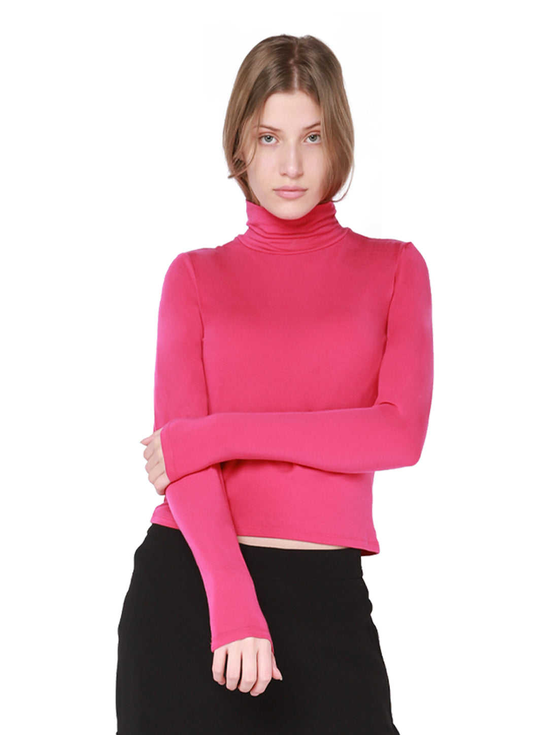Dex Bright Hot Pink Basic Knit Cropped Turtleneck